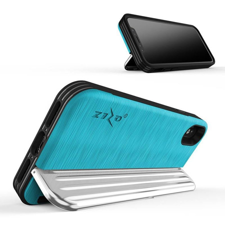 Zizo Retro Series - Etui iPhone Xs / X z kieszenią na karty + podstawka + szkło 9H na ekran (Baby Blue/Silver)