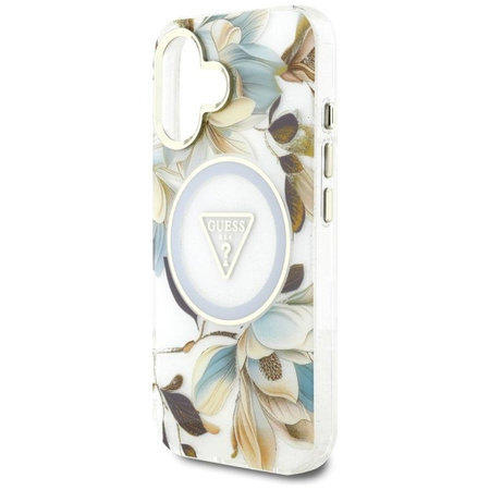 Guess Glitter Flowers Triangle Buttons MagSafe - Etui do iPhone 16 (biały)