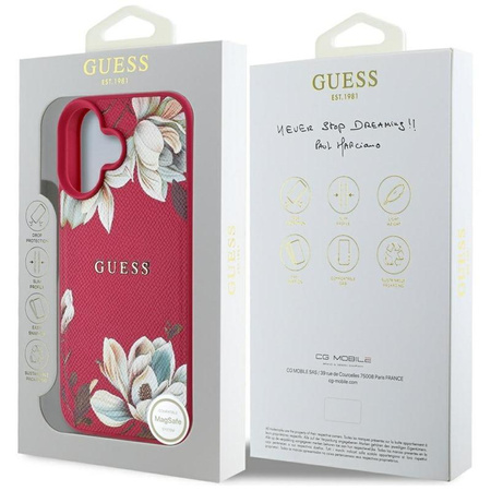 Guess Grained Printed Flower Pattern MagSafe - Etui do iPhone 16 (fuksja)