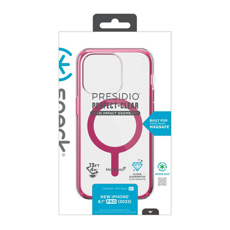 Speck Presidio Perfect-Clear with Impact Geometry + MagSafe - Etui iPhone 14 Pro z powłoką MICROBAN (Clear / Digital Pink)