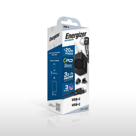 Energizer Ultimate - Ładowarka sieciowa podróżna Multiplug EU / UK / US GaN USB-C 20W PD + kabel USB-C (Czarny)