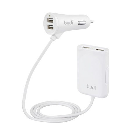 Budi - Ładowarka samochodowa 4x USB, 41W + rozdzielacz na kablu 1,8m (Biały)