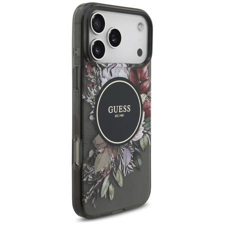 Guess IML Flowers Electro Pearl Strap MagSafe - Etui iPhone 17 Pro Max (czarny)