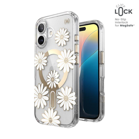 Speck Presidio Lux ClickLock & MagSafe - Etui iPhone 16 (Sunshine Daisies / Clear / Gold)