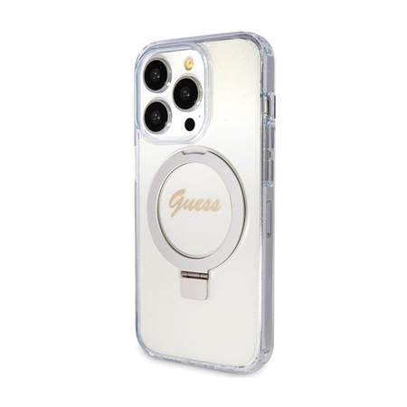 Guess Ring Stand Script Glitter MagSafe - Etui iPhone 15 Pro Max (przezroczysty)