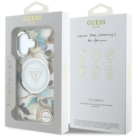 Guess Glitter Flowers Triangle Buttons MagSafe - Etui do iPhone 16 (biały)