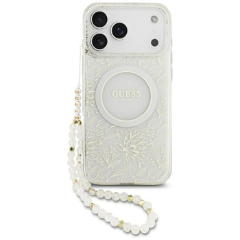 Guess IML Flowers Electro Pearl Strap MagSafe - Etui iPhone 17 Pro Max (biały)