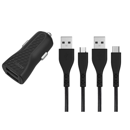 Energizer HardCase - Ładowarka samochodowa 2x USB-A 2.4A + Kabel USB-C & Micro USB (Czarny)