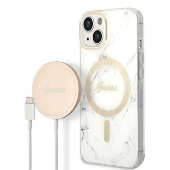 Guess Bundle Pack MagSafe IML Marble - Zestaw etui + ładowarka MagSafe iPhone 14 (biały/złoty)