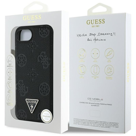 Guess Grained Hot Stamp Peony Triangle Logo MagSafe - Etui do iPhone 16e (czarny)