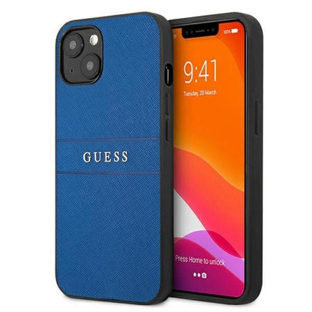 Guess Saffiano Metal Logo Stripes - Etui iPhone 13 (niebieski)