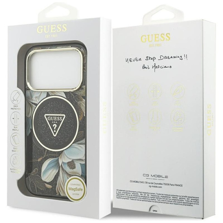 Guess IML Glitter Flowers Triangle MagSafe - Etui iPhone 17 Pro (czarny)