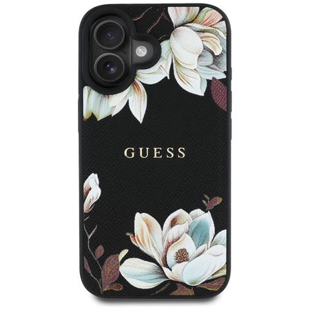 Guess Grained Printed Flower Pattern MagSafe - Etui do iPhone 16 (czarny)