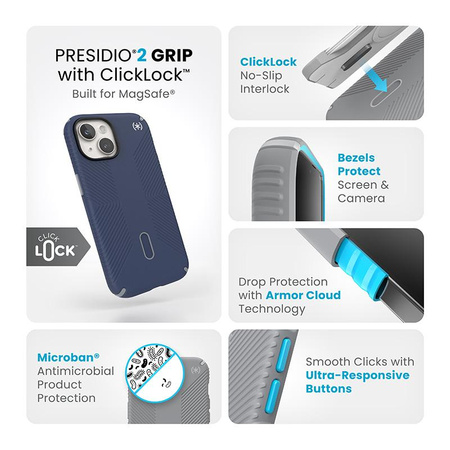 Speck Presidio2 Grip ClickLock & MagSafe - Etui iPhone 16e / iPhone 15 / iPhone 14 / iPhone 13 (Coastal Blue / Dust Grey / White)