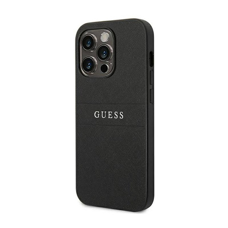 Guess Saffiano Metal Logo Stripes - Etui iPhone 14 Pro Max (czarny)