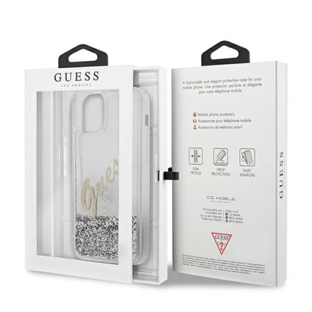 Guess Glitter Vintage Script - Etui iPhone 12 / iPhone 12 Pro (srebrny)