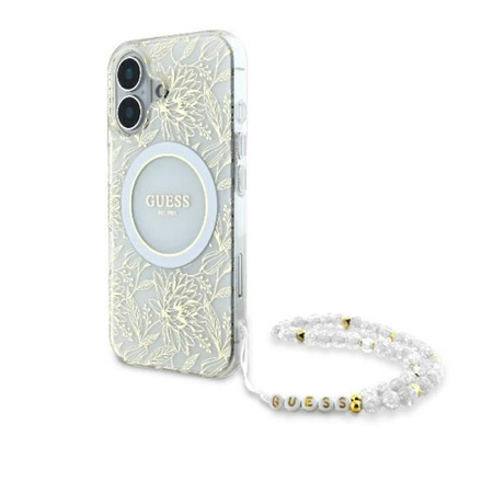 Guess IML Flowers Allover Electro With Pearl Strap MagSafe - Etui iPhone 16 (biały)