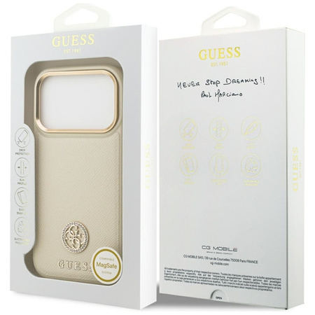 Guess Grained Strass Logo MagSafe - Etui iPhone 17 Pro (beżowy)