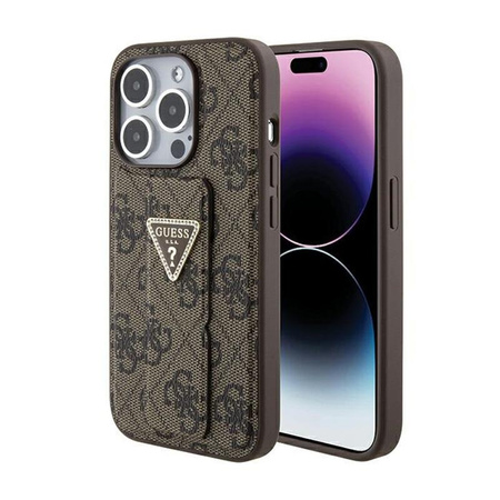 Guess Grip Stand 4G Triangle Strass Logo - Etui iPhone 15 Pro (brązowy)