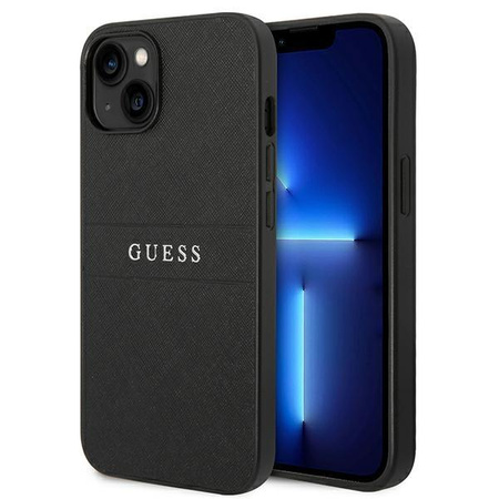 Guess Saffiano Metal Logo Stripes - Etui iPhone 14 (czarny)