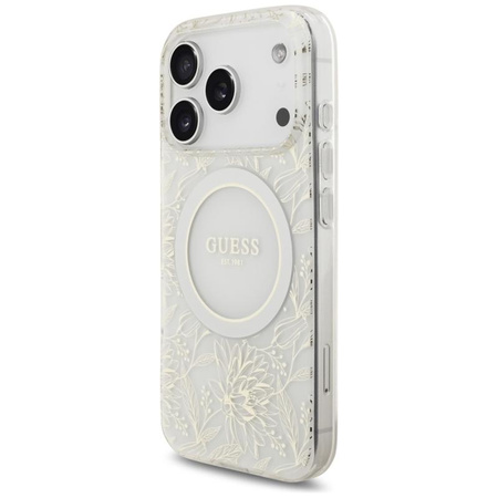 Guess IML Flowers Electro Pearl Strap MagSafe - Etui iPhone 17 Pro (biały)