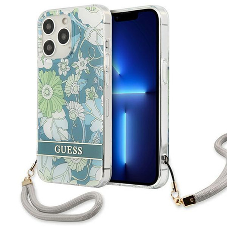 Guess Flower Cord - Etui ze smyczką iPhone 13 Pro (Green)