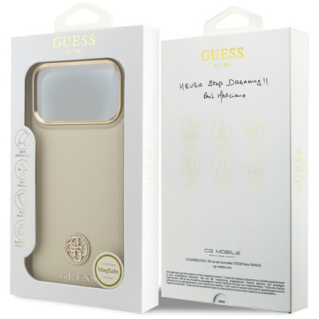 Guess Grained Strass Logo MagSafe - Etui iPhone 17 Pro Max (beżowy)