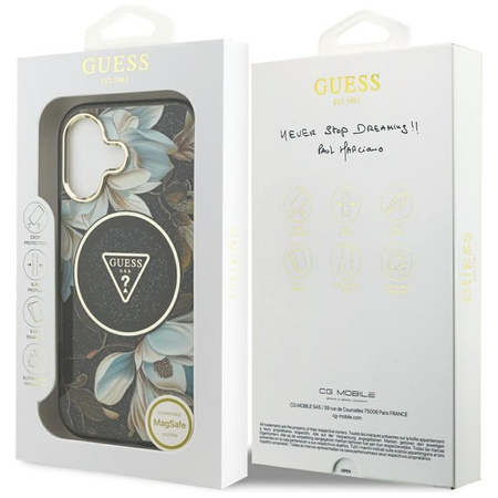 Guess IML Glitter Flowers Triangle MagSafe - Etui iPhone 17 (czarny)