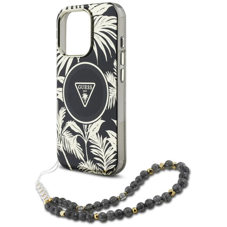 Guess Palm Trees Triangle Pearl Strap MagSafe - Etui do iPhone 16 Pro Max (czarny)