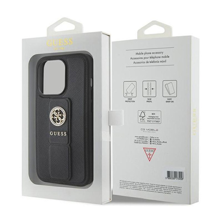Guess Grip Stand 4G Saffiano Strass Logo - Etui iPhone 15 Pro (czarny)