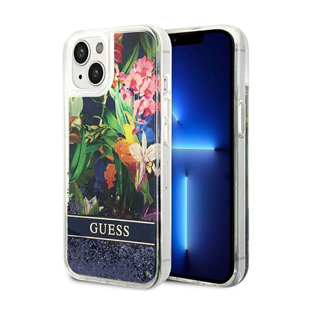 Guess Liquid Glitter Flower – Etui iPhone 14 Plus (niebieski)