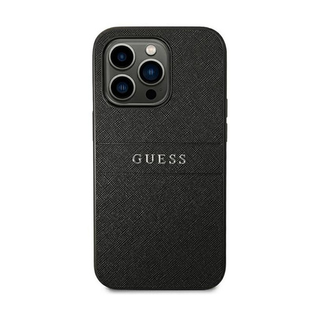 Guess Saffiano Metal Logo Stripes - Etui iPhone 14 Pro Max (czarny)