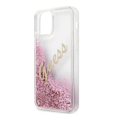 Guess Glitter Vintage Script - Etui iPhone 12 / iPhone 12 Pro (różowy)