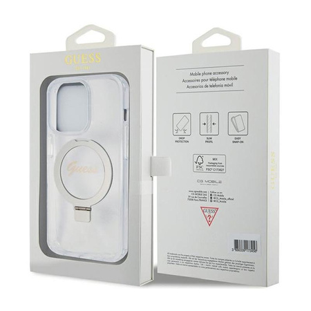 Guess Ring Stand Script Glitter MagSafe - Etui iPhone 15 Pro Max (przezroczysty)
