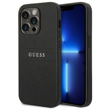 Guess Saffiano Metal Logo Stripes - Etui iPhone 14 Pro Max (czarny)