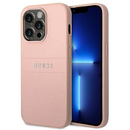 Guess Saffiano Metal Logo Stripes - Etui iPhone 14 Pro Max (różowy)