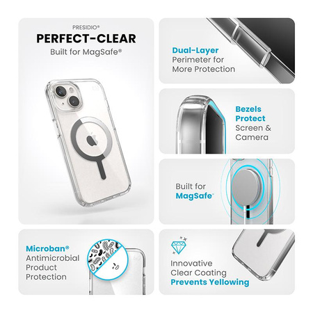 Speck Presidio Perfect-Clear MagSafe - Etui iPhone 16e / iPhone 15 / iPhone 14 / iPhone 13 (Clear / Chrome Finish / Serene Silver)