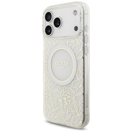 Guess IML Flowers Electro Pearl Strap MagSafe - Etui iPhone 17 Pro Max (biały)