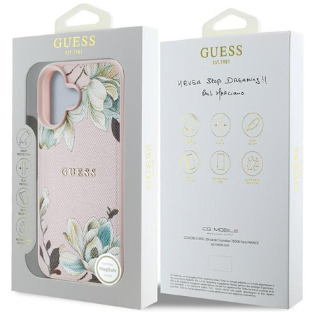 Guess Grained Printed Flower Pattern MagSafe - Etui do iPhone 16 (różowy)