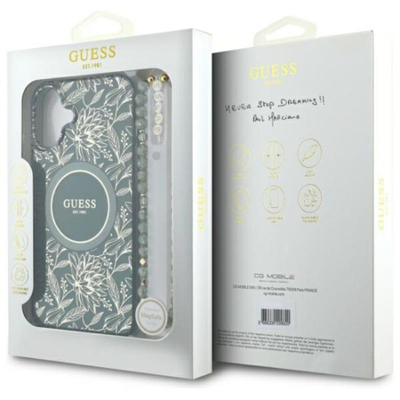 Guess IML Flowers Allover Electro With Pearl Strap MagSafe - Etui iPhone 16 Plus (zielony)