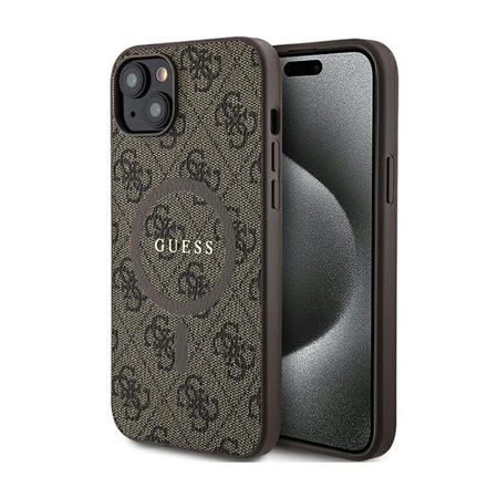 Guess 4G Collection Leather Metal Logo MagSafe - Etui iPhone 15 / 14 / 13 (brązowy)