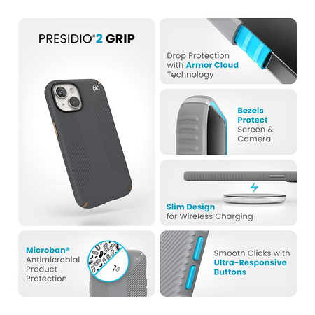 Speck Presidio2 Grip - Etui iPhone 16e / iPhone 15 / iPhone 14 / iPhone 13 (Charcoal Grey / Cool Bronze / White)