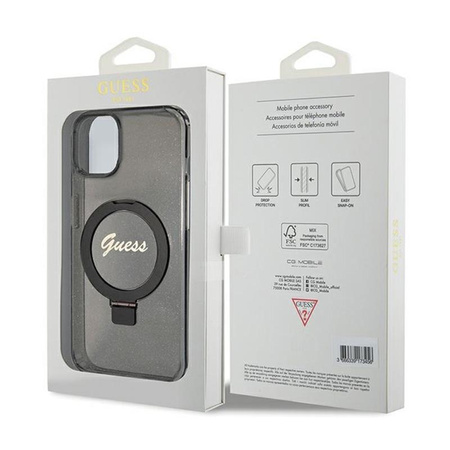 Guess Ring Stand Script Glitter MagSafe - Etui iPhone 15 Plus (czarny)