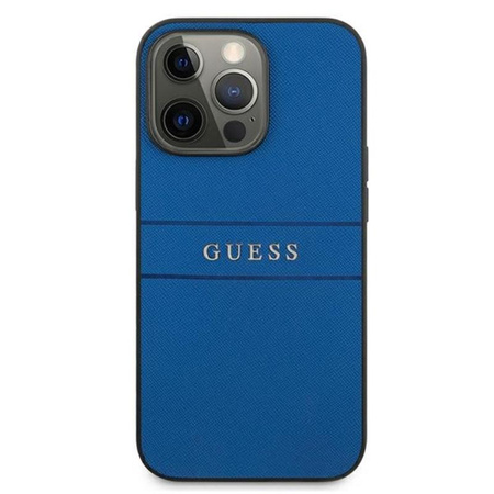 Guess Saffiano Metal Logo Stripes - Etui iPhone 13 Pro Max (niebieski)