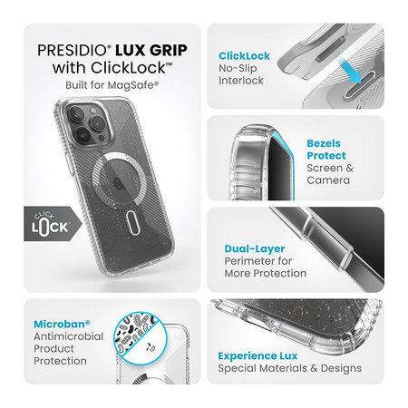 Speck Presidio Lux Grip ClickLock & Magsafe - Etui iPhone 15 Pro Max (Clear / Chrome Finish / Serene Silver)