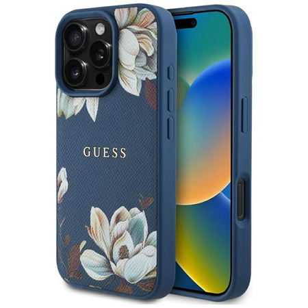 Guess Grained Printed Flower Pattern MagSafe - Etui do iPhone 16 Pro (niebieski)