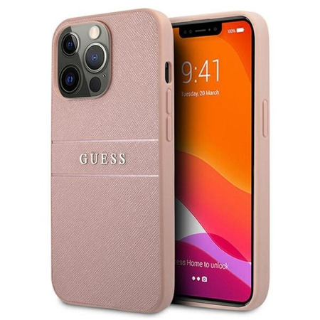Guess Saffiano Metal Logo Stripes - Etui iPhone 13 Pro (różowy)