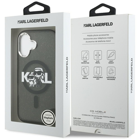 Karl Lagerfeld IML Glitter Karl & Choupette Sketch Logo MagSafe - Etui iPhone 17 (czarny)