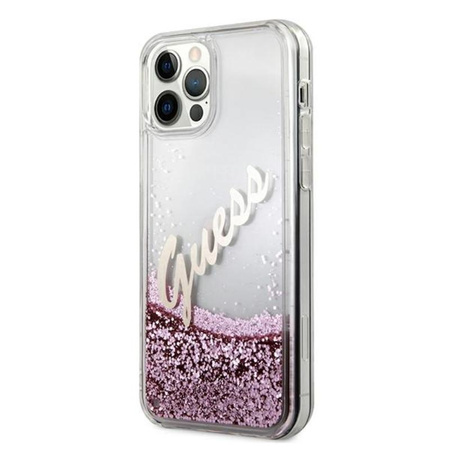 Guess Glitter Vintage Script - Etui iPhone 12 Pro Max (różowy)