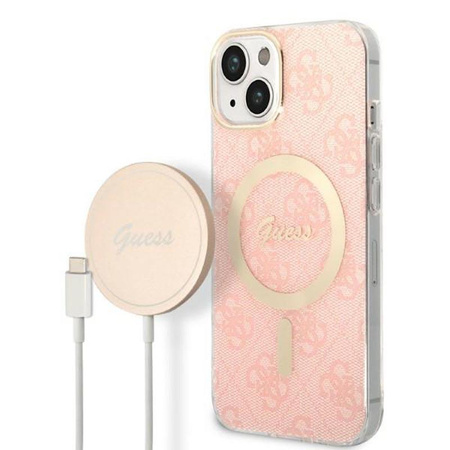 Guess Bundle Pack MagSafe 4G - Zestaw etui + ładowarka MagSafe iPhone 14 (różowy/złoty)